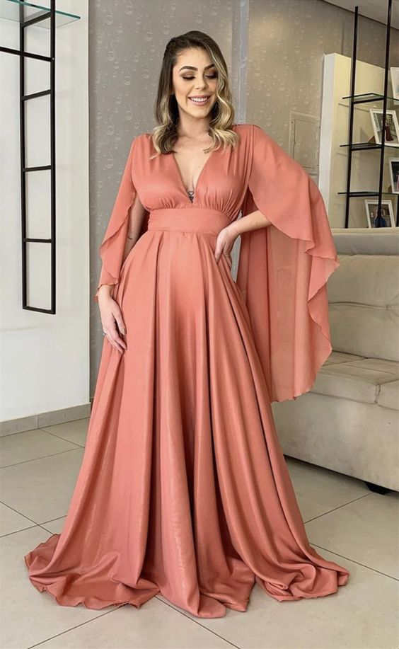 Elegant Puffy Sleeves Bridesmaid Dresses Long Chiffon V Neck Formal Gown With Popular Terracotta Colors Prom Dresses    cg18877