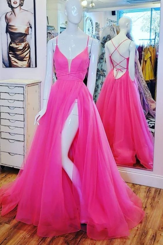 Sexy A-line Hot Pink Tulle Long Dress with Lace Up Back Long Prom Dress   cg18887