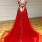 Red lace long prom dress red evening dress    cg18912