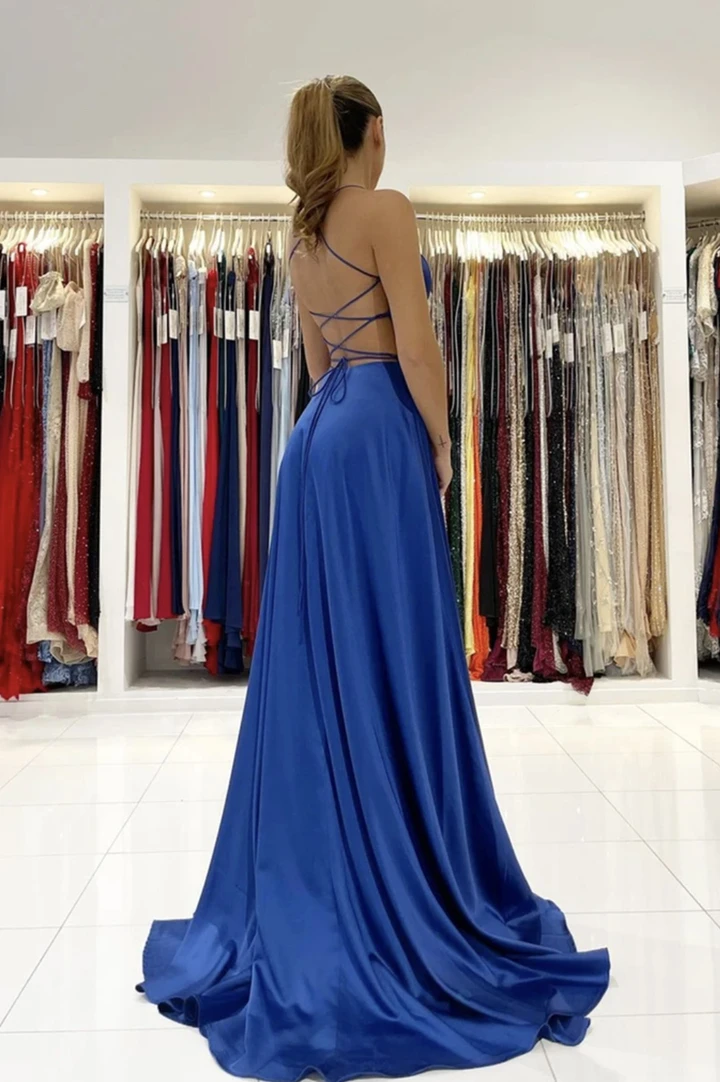 Blue v neck satin prom dress A line backless evening dress   cg18913