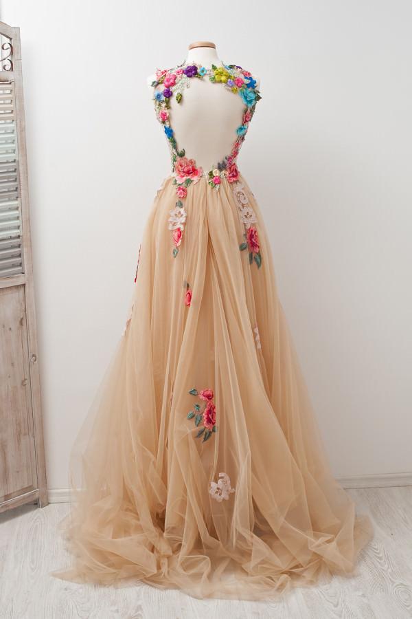 A-line Scoop Sleeveless Open Back Appliques Tulle Prom Dress with Hand-Made Flowers   cg18923