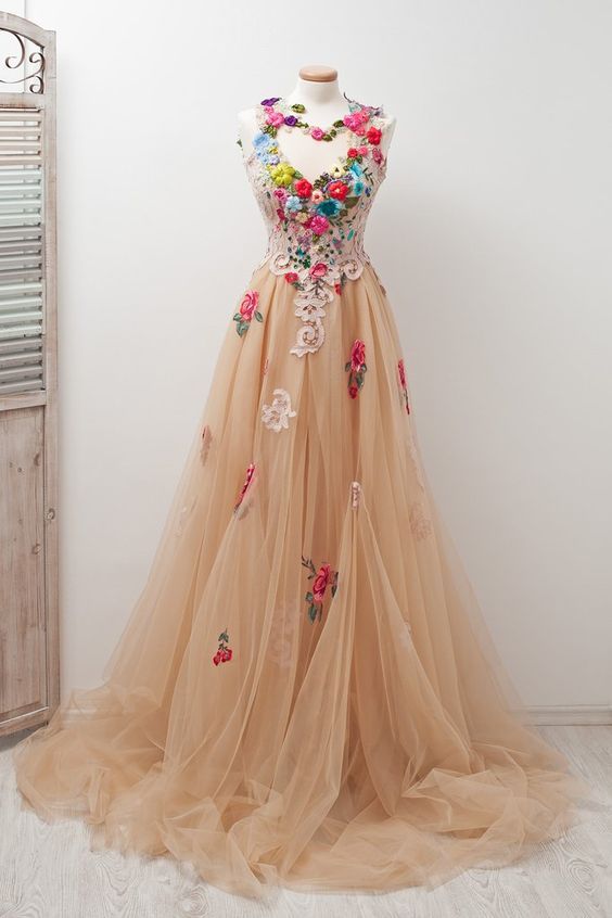 A-line Scoop Sleeveless Open Back Appliques Tulle Prom Dress with Hand-Made Flowers   cg18923
