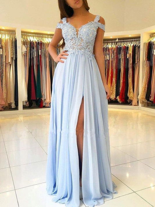 A-Line Cold Shoulder Light Blue Chiffon Prom dress cg1897