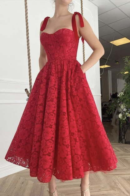 Red lace short prom dress red A line evening dress    cg18971