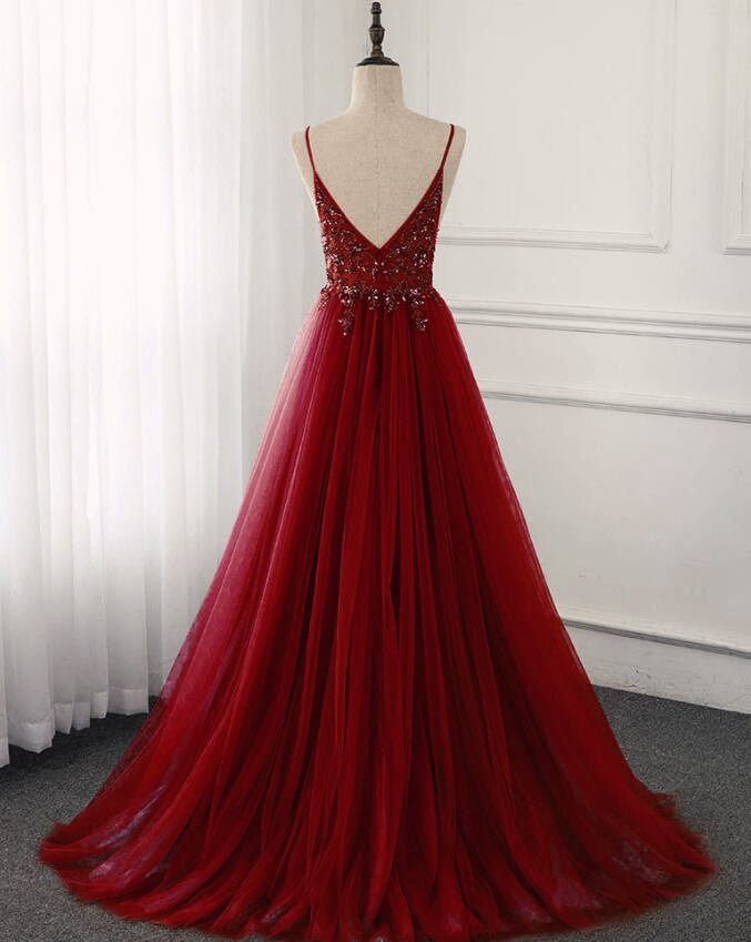 Beautiful Burgundy Long Tulle V-neckline Beaded Junior Prom Dress, Dark Red Party Dress   cg18996