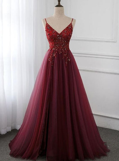 Beautiful Burgundy Long Tulle V-neckline Beaded Junior Prom Dress, Dark Red Party Dress   cg18996