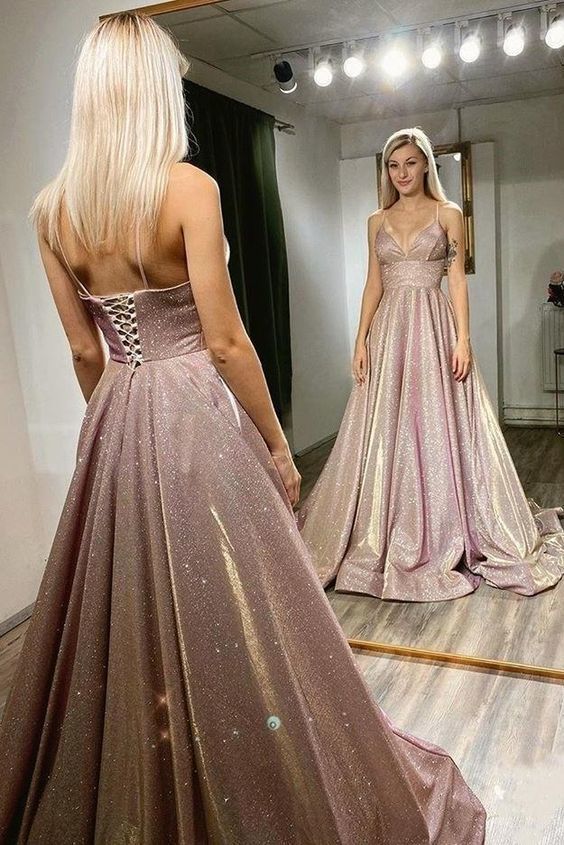 Beautiful A-line Spaghetti Straps Long Sequin Shiny Prom Dresses    cg19004