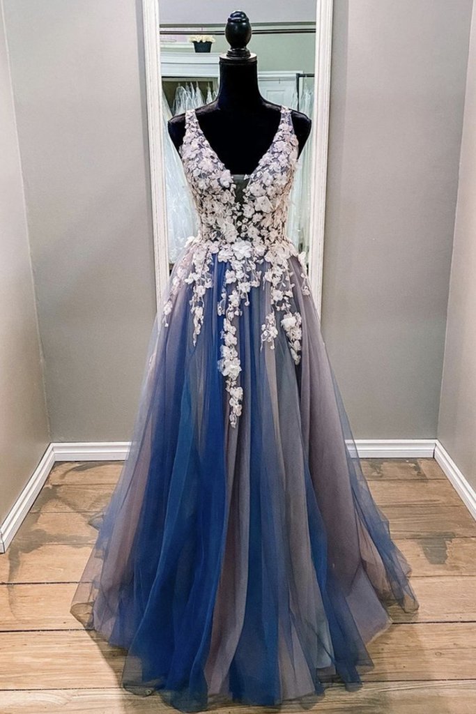 A Line V Neck Blue Lace Long Prom Dress, Long Blue Formal Evening Dress   cg19006