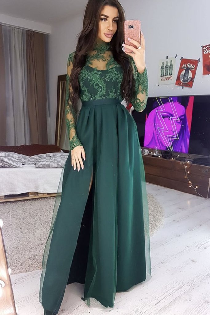 Long Sleeves High Neck Green Lace Long Prom Dress, Long Sleeves Green Formal Dress, Green Lace Evening Dress   cg19007