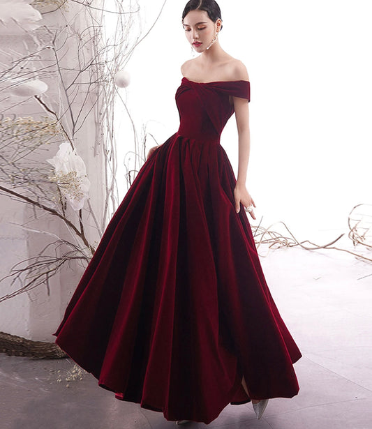 BURGUNDY A LINE VELVET PROM DRESS BURGUNDY EVENING DRESS    cg19030