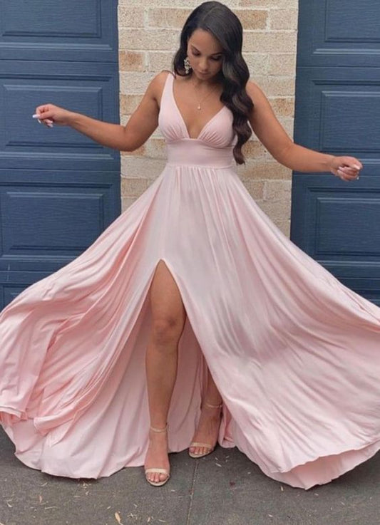 sexy pink high waist long maxi prom dress boho bridesmaid dress with side slit    cg19034