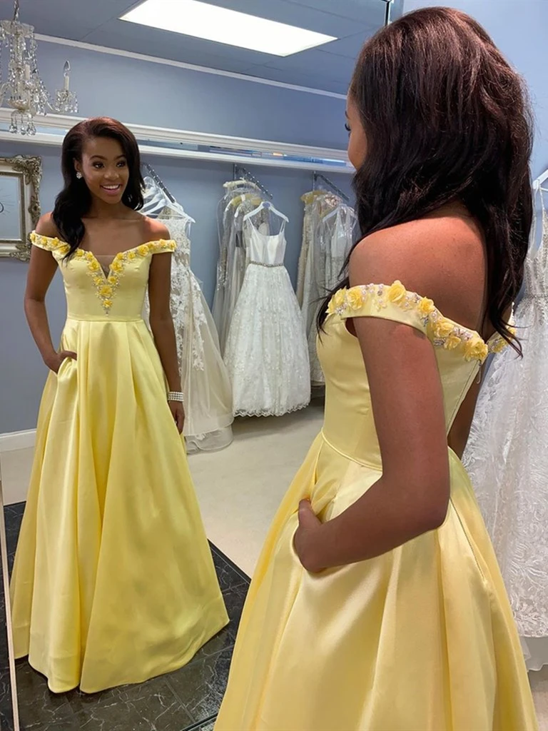 Off Shoulder 3D Flowers Yellow Satin Long Prom Dresses, Yellow Floral Formal Dresses    cg19064