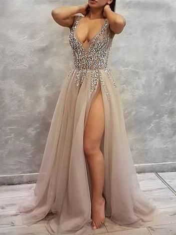 Charming Tulle Evening Dress, High Slit Prom dress cg1909