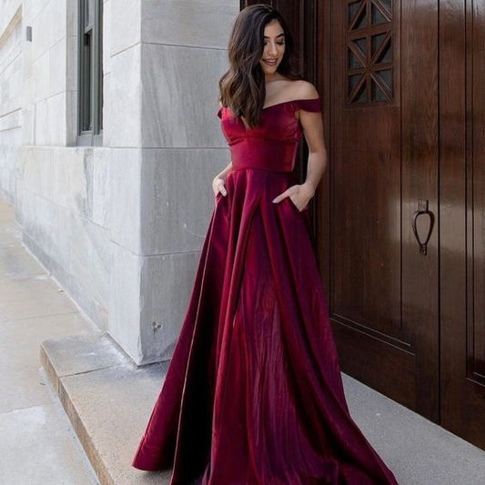 Burgundy A-Line Long Prom Dress, Off the Shoulder Prom Dress    cg19090