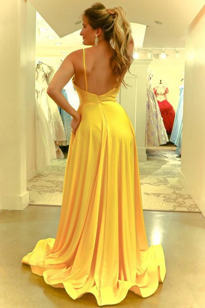 Simple V Neck Backless Yellow Satin Long Prom Dress, Long Backless Yellow Formal Evening Dress   cg19097