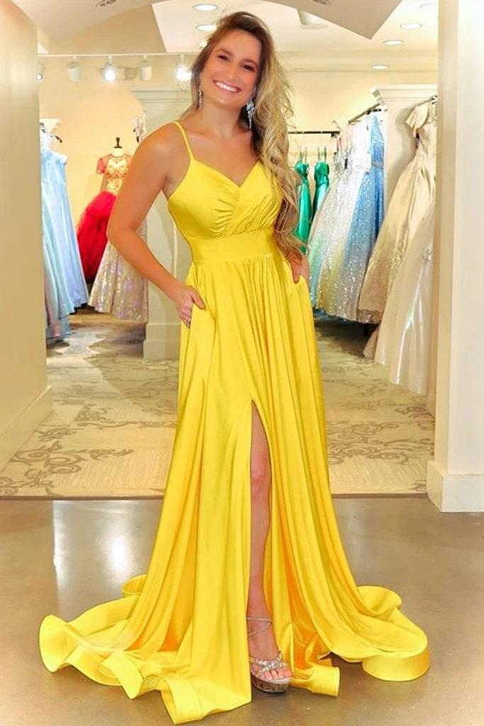 Simple V Neck Backless Yellow Satin Long Prom Dress, Long Backless Yellow Formal Evening Dress   cg19097