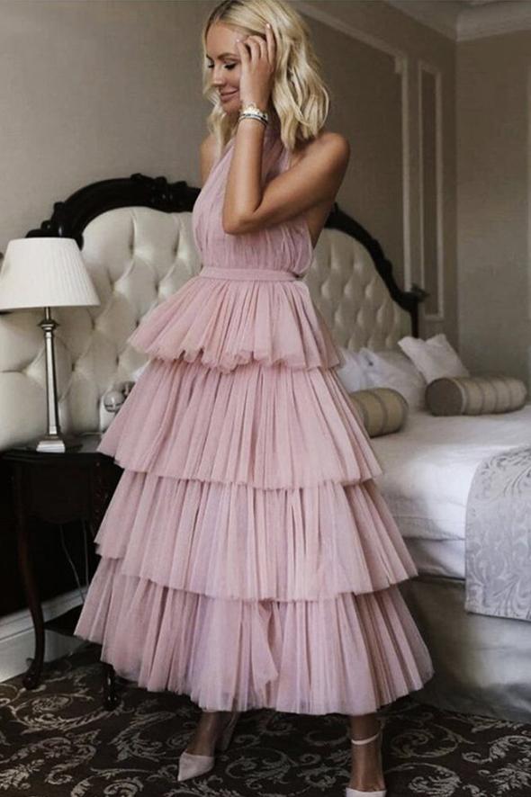 Pink tulle short prom dress pink evening dress    cg19110