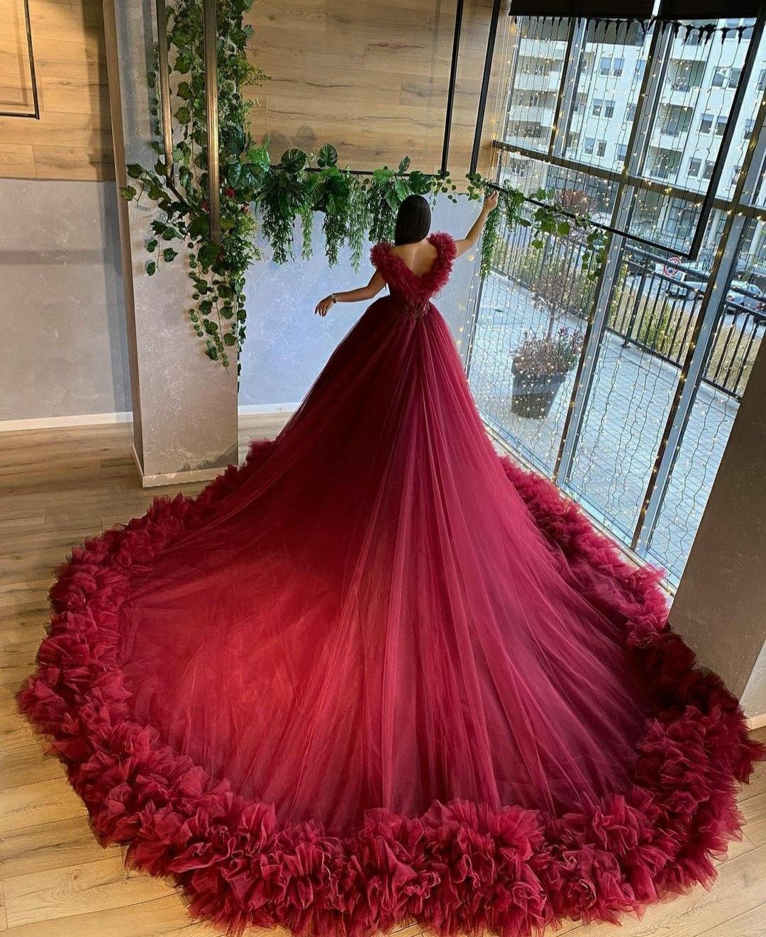 Cute tulle long prom dress burgundy evening dress    cg19112