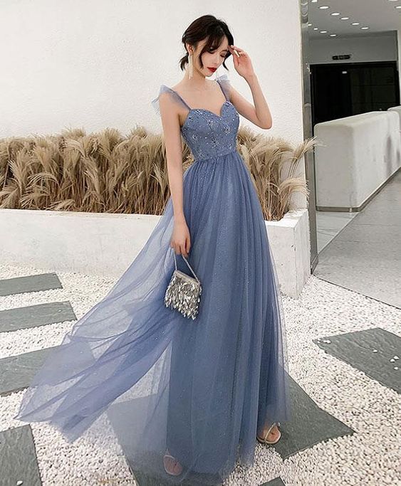 Simple blue tulle long prom dress blue tulle evening dress    cg19135