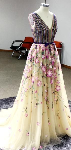 Stunning Colorful Beading Floral Tulle Sleeveless Prom Dresses    cg19137