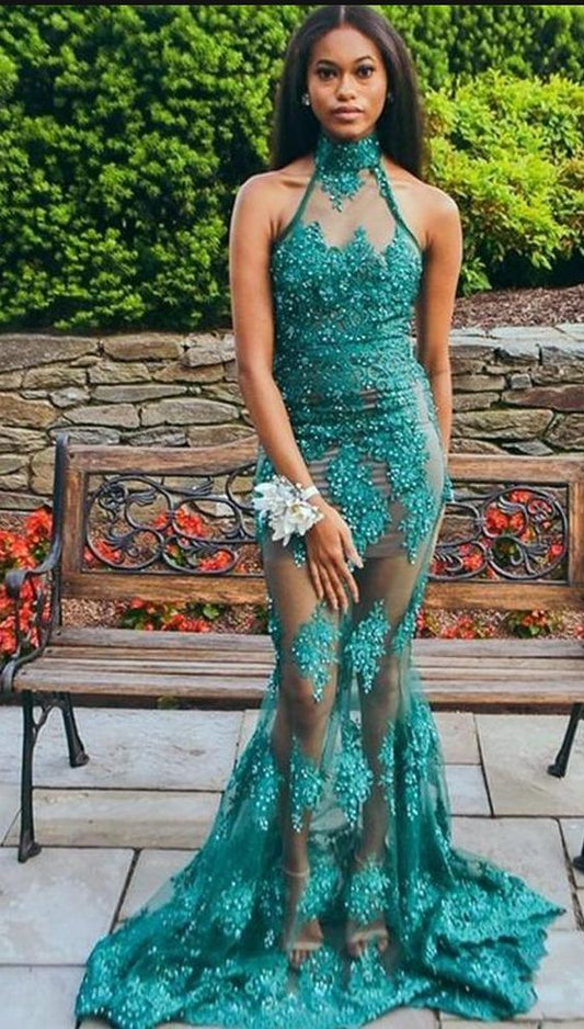 Charming High Neck Prom Dress, Elegant Appliques Mermaid Prom Dresses, Long Evening Dress    cg19139