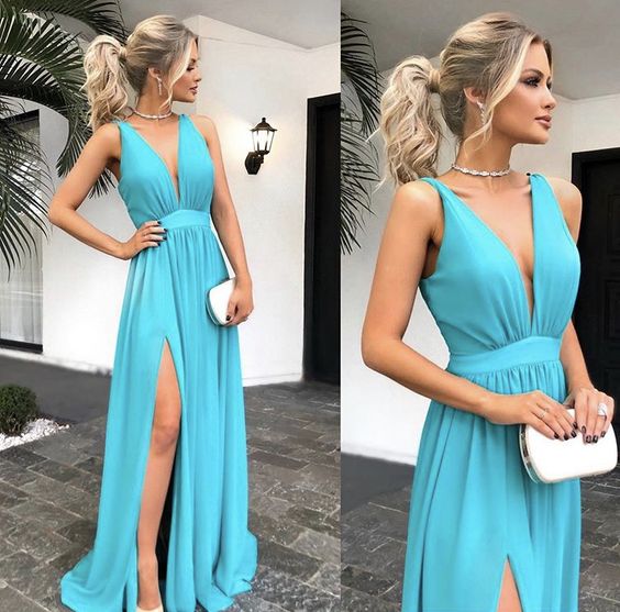 Chic A-Line Long Prom Evening Dresses with High Split    cg19150