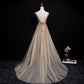 Champagne Tulle V-Neckline Long Lace Prom Dress, A-Line Formal Gown Party Dress   cg19159