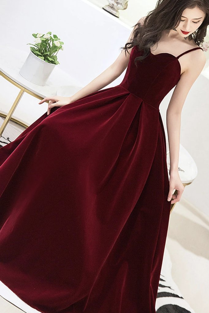 Wine Red Velvet Straps V-Neckline Party Dress, Long Burgundy Prom Dress Evening Dress    cg19160