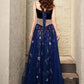 Charming Navy Blue Velvet And Tulle Floral Straps Evening Dress, Blue Formal Dress Prom Dress   cg19162