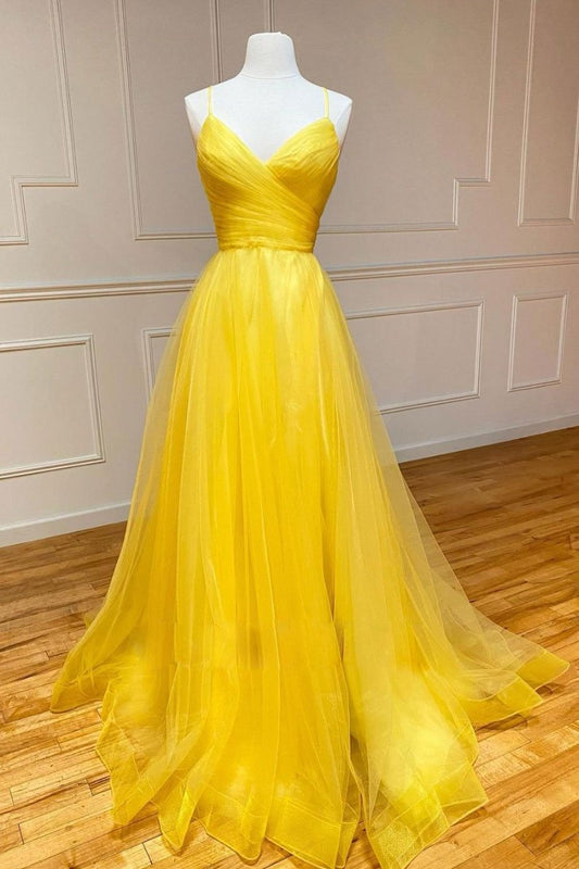 Yellow v neck tulle long prom dress yellow formal dress   cg19164