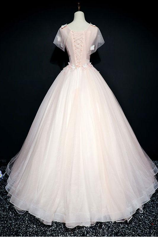 PINK ROUND NECK TULLE LACE LONG PROM DRESS, PINK TULLE FORMAL DRESS   cg19174