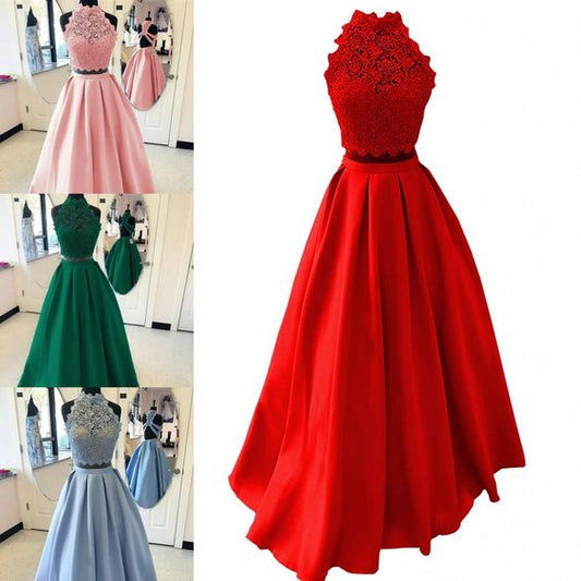 2021 Halter Lace Satin Prom Dresses Long Two Piece Sexy Halter Criss Cross Backless Draped A-line Graduation Sweet 15 Dress Cheap    cg19244