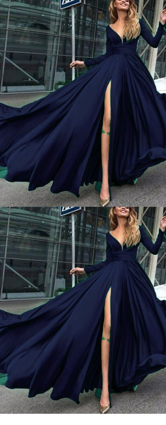 Charming Cheap Custom Long Sleeves Dark Blue Simple Soft Prom Dresses    cg19287