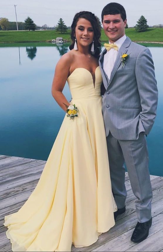 Simple yellow satin long prom dress Gorgeous Sweetheart Yellow Long Formal Dress with Pockets   cg19337