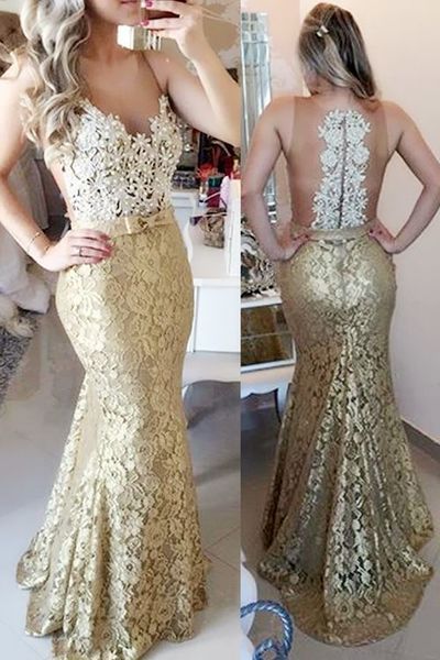 Gold V-neck Long Lace Mermaid Prom Dresses cg1935