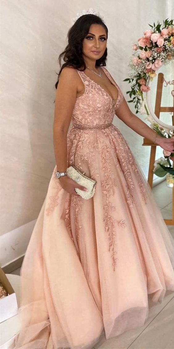 Elegant Pink Long Prom Dress with Lace Appliques    cg19364