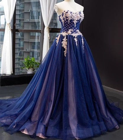 Strapless A-line Tulle Long Prom Dresses with Appliques Girls Dresses Party Dress Formal Dress Evening Dresses   cg19370