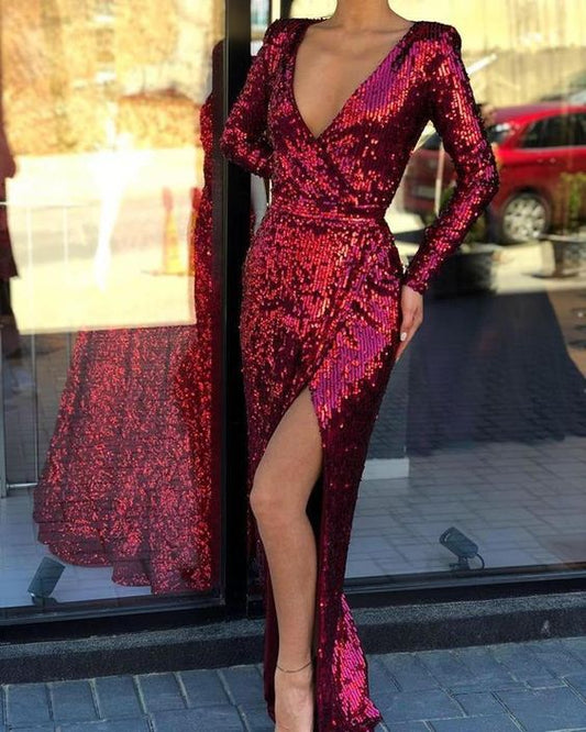 Burgundy Long Sleeves Sequin V-Neck Mermaid with Split Evening Dress/Prom Dresses cg1939