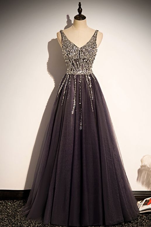A-line dark grey tulle and silver sequins long formal dress prom dress graduation dress   cg19394