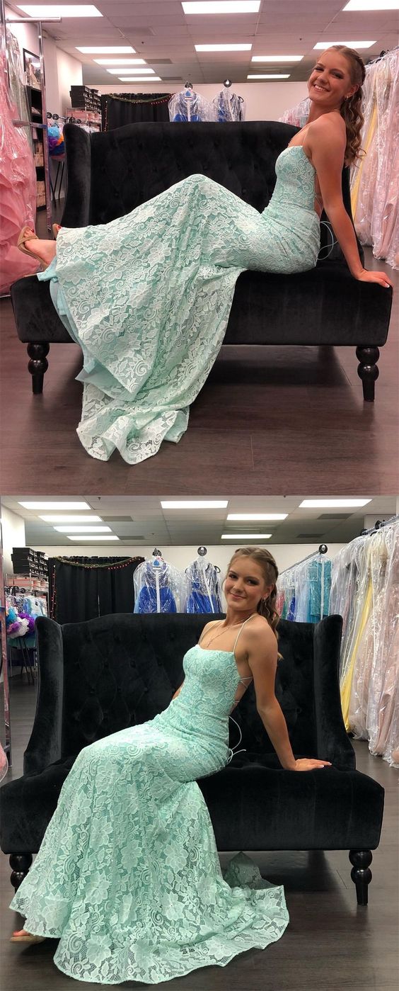 mermaid mint green lace long prom dress with lace up back    cg19398