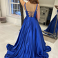 Blue satin long A line prom dress blue evening dress   cg19406