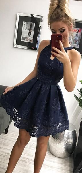 Navy Lace Halter Simple Party Dresses Homecoming Dresses cg1942