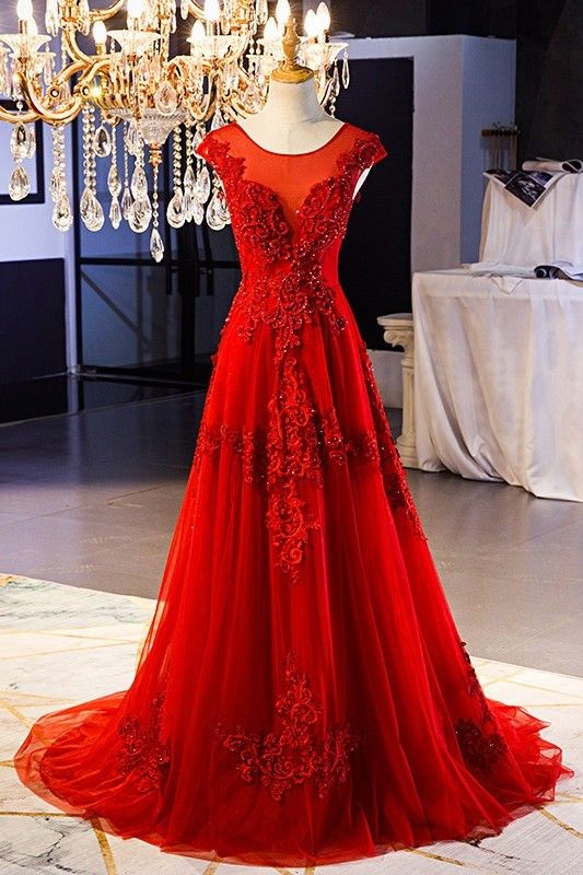 Beautiful Scoop Corset Cap Sleeve Beaded Appliques Red Tulle A Line Prom Evening Dress    cg19428