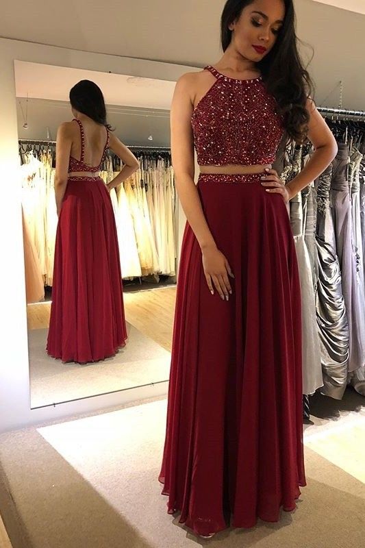 Romantic Two Pieces Red Chiffon Beaded Prom Evening Dress Scoop Low Back   cg19429