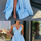 A Line V Neck Blue Long Prom Dress with Leg Slit, V Neck High Slit Formal Evening Dresses  cg1943