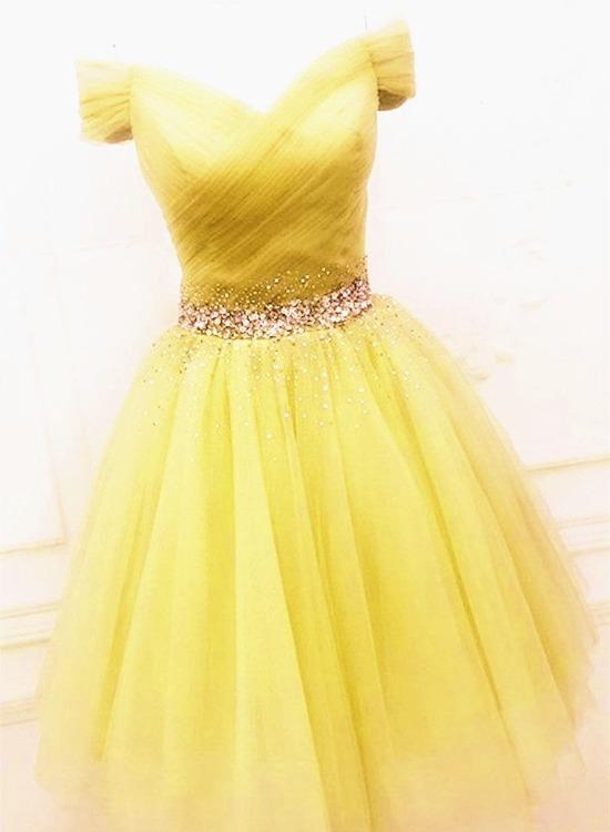 Lovely Light Yellow Short Tulle Off Shoulder Homecoming Dress    cg19470