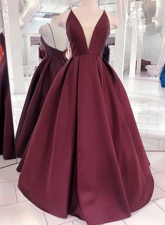 Burgundy V Neck Backles Satin Long Prom Dress, Backless Dark Red Formal Dress    cg19473