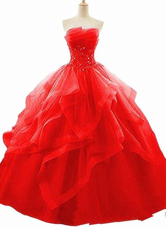Red Beaded LaceSweet 16 Ball Gown Layers Formal Dress, Prom Dress Party Gowns Red Lace Evening Dresses    cg19475