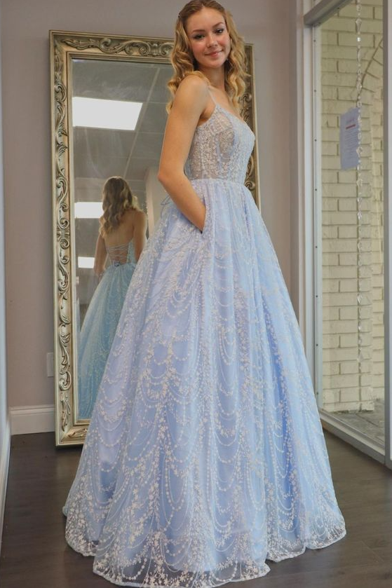A-line light blue long prom dress with pockets and lace up back    cg19497
