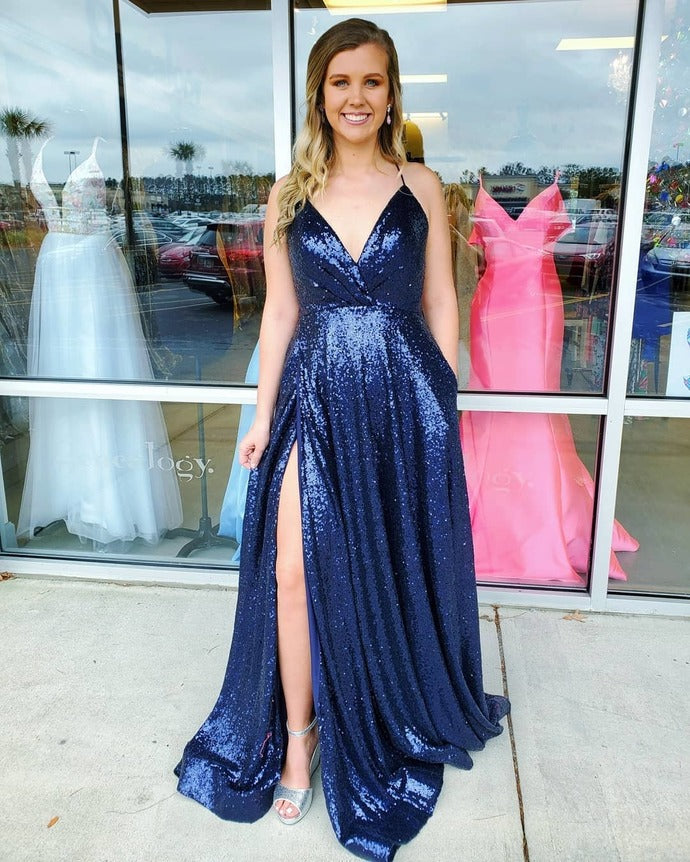 Straps Navy Blue Sequins Prom Dress with Slit,    cg19502
